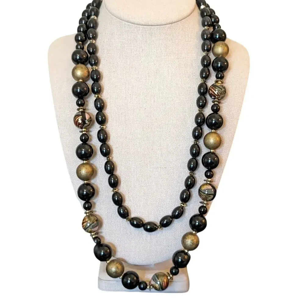 Two Black/Gold & Painted Beaded Vintage 24